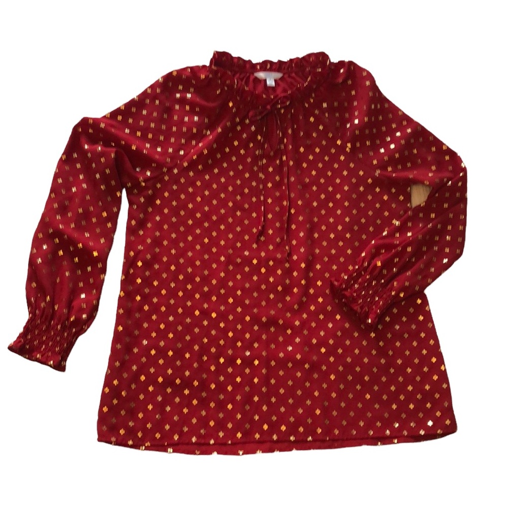 Time and Tru Red & Gold Dress Blouse w/ Ruched collar and Smocked Sleeve Cuffs